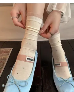 Sheer mesh ruffled mid-calf socks for women, breathable cute hosiery for summer daily wear.