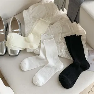 Ballet core mesh ruffle crew socks detailed shot, sheer cotton summer long socks.