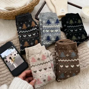 Calze a Collo Medio Calde in Misto Lana Inverno Donna Stile Vintage Giapponese Motivo Fiocco di Neve Albero di Natale Termiche