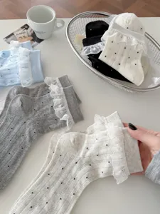 Sweet polka dot lace mid-calf socks for women, breathable spring summer thin knit casual hosiery.