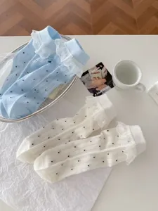 Women cute polka dot lace slouch socks sweet mid tube hosiery for spring summer thin style