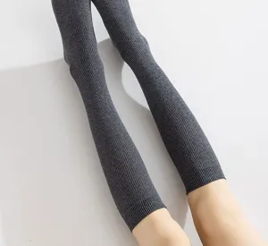 Dark grey ribbed knee-high socks detail, soft cotton knit long socks for daily wear.