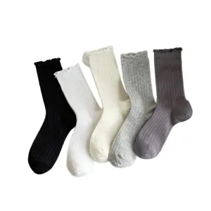 Women summer thin cotton ruffles mid tube socks set of five colors sweet ballet style cute