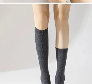 Close-up detail of grey ribbed knee high socks, vertical stripe texture, soft cotton.