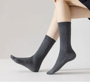 Women dark gray ribbed cotton mid-tube socks autumn winter casual solid color socks