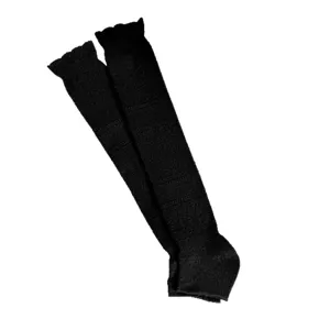 Women knit stirrup leg warmers black ruffle trim cozy winter boot socks thermal calf warmers.