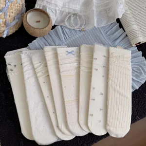 Spring summer white floral cute stack socks lace breathable mesh mid tube socks for women