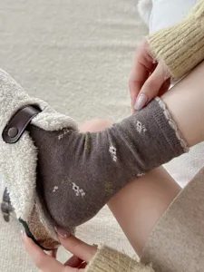 Cozy floral knit mid-tube women socks for autumn winter cute style soft casual footwear accessory