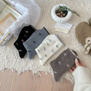 Cozy floral mid-calf women socks, cute Korean style autumn winter knit warm hosiery.