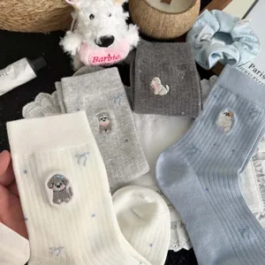 Cute puppy cat embroidery women mid-tube cotton socks with sweet bow prints for spring.