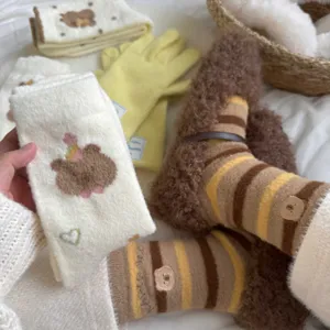 Cute cartoon embroidered fleece thermal socks and winter gloves set for cozy daily wear.