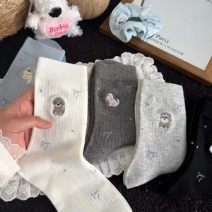 Cute puppy embroidered mid-calf women socks with sweet bows and lace trim for spring daily wear.