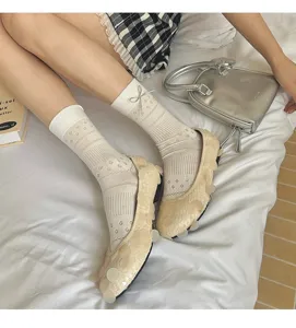 Korean sweet style mesh lace socks with cute bows and decorative sequin flat shoes for women.