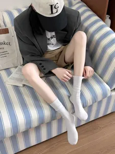 White slouch socks for women, breathable thin cotton mid tube socks for daily casual wear.