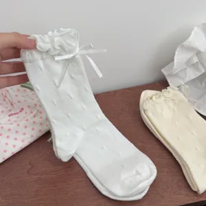 Women cute ruffle mid tube socks cotton sweet white bow polka dot breathable casual hosiery.