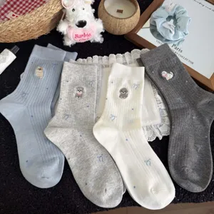 Women's Cute Puppy Embroidery Mid Tube Socks Japanese Style Cartoon Bow Cotton Casual Breathable Crew Socks