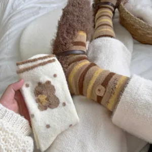 Cute cartoon embroidered thermal mid-tube socks for women, cozy winter fuzzy stripe socks.