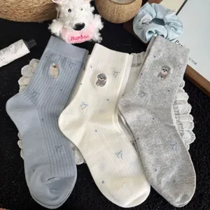 Cute dog embroidery mid-tube cotton socks for women, fashionable autumn cute bow style.