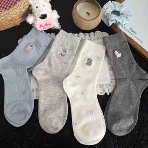 Cute puppy embroidery mid-tube socks set, four pairs casual cotton socks for spring daily.