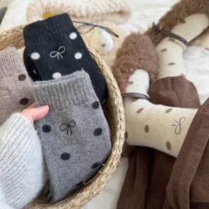 Women's Winter Thickened Warm Wool Blend Crew Socks Cute Polka Dot Bow Embroidery Korean Style Casual Thermal Socks