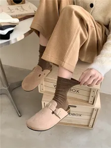 Women autumn winter ribbed knit crew socks brown casual vintage daily wear comfort cotton soft