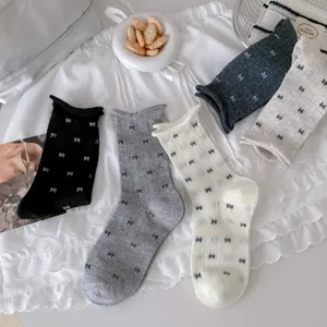 Cute bow print ruffles women socks Korean style thin cotton summer socks comfortable