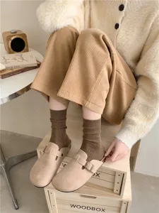 Women's brown ribbed mid tube socks autumn winter fashion casual stacked socks