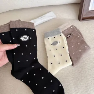 Autumn new polka dot bow embroidery mid-tube socks cute sweet style casual cotton socks