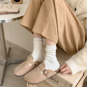 Brown solid color fall winter women mid tube ribbed socks stylish daily comfort hosiery