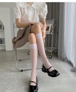 Chaussettes mi-mollet blanc laiteux JK ultra-fin pour femmes, bas Lolita doux transparents.