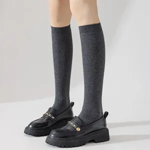 Women's autumn winter knee high ribbed socks with stylish black platform loafers main view display