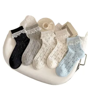 Women lace ruffle polka dot mid-calf socks sweet summer thin breathable cute socks.