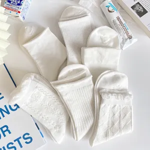 White women crew socks sweet JK style cotton solid color cute hosiery for spring