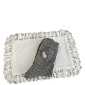 Cute puppy embroidery grey mid-tube socks for women, sweet bow cotton casual hosiery main view.