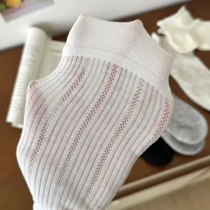 Detailed view of women's sheer mesh summer short socks, breathable ribbed knit texture design.