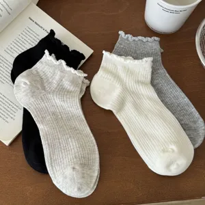 Women short socks lettuce edge solid color mesh breathable summer cotton low cut socks