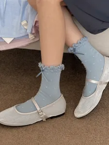 Cute ruffled mid-calf socks for women, sweet polka dot bow cotton socks for spring summer.