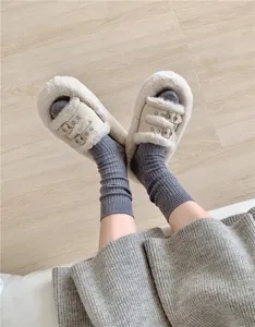 Cozy winter cashmere slouch socks and fluffy slippers set, retro ribbed wool knit warm socks.