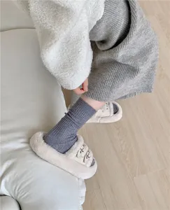Women autumn winter solid grey ribbed knit slouch socks soft cozy wool mid tube daily casual wear
