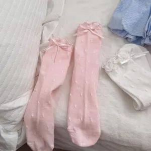 Cute ruffle bow polka dot cotton mid-calf socks for women, soft and breathable daily wear.