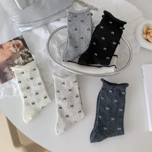 Korean style cute bow printed women crew socks detail, summer thin slouch socks for casual outfits.