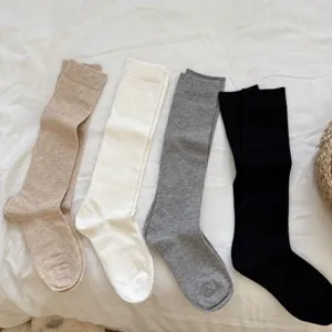 Women solid color long calf socks knit cotton high tube hosiery daily wear casual style