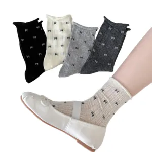 Korean style women short socks cute bow print cute ruffle trim breathable cotton hosiery