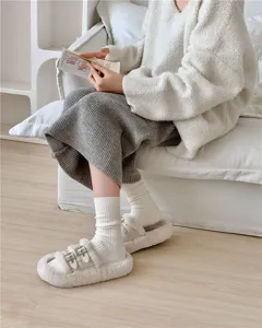 Autumn winter women cashmere socks retro vertical striped wool slouch mid-calf socks detail