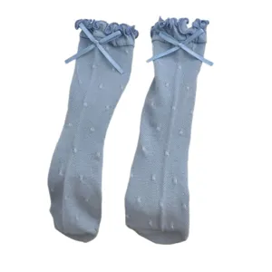 Cute blue ruffle bow polka dot knee high socks for women soft breathable cotton hosiery