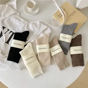 Autumn winter cashmere women socks retro ribbed wool solid color mid tube cozy socks detail