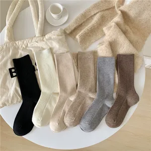 Autumn winter women cashmere wool socks Japanese retro vintage solid color ribbed mid tube socks
