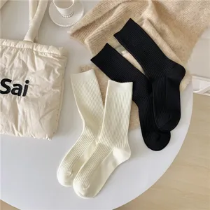 Detail view of autumn winter solid color ribbed wool socks mid-calf casual knit hosiery pair