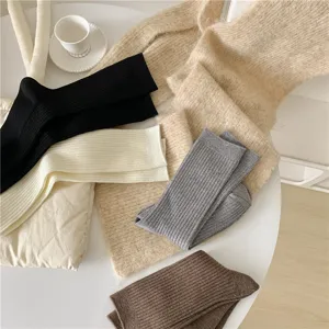 Autumn winter women casual solid color ribbed knit wool socks vintage slouch warm mid-tube socks