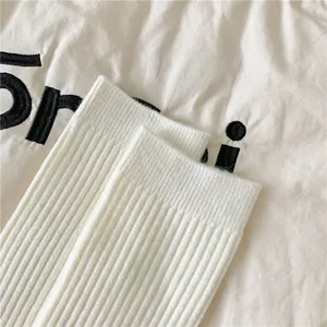 Autumn winter women cashmere socks solid color vertical striped ribbed mid calf warm socks